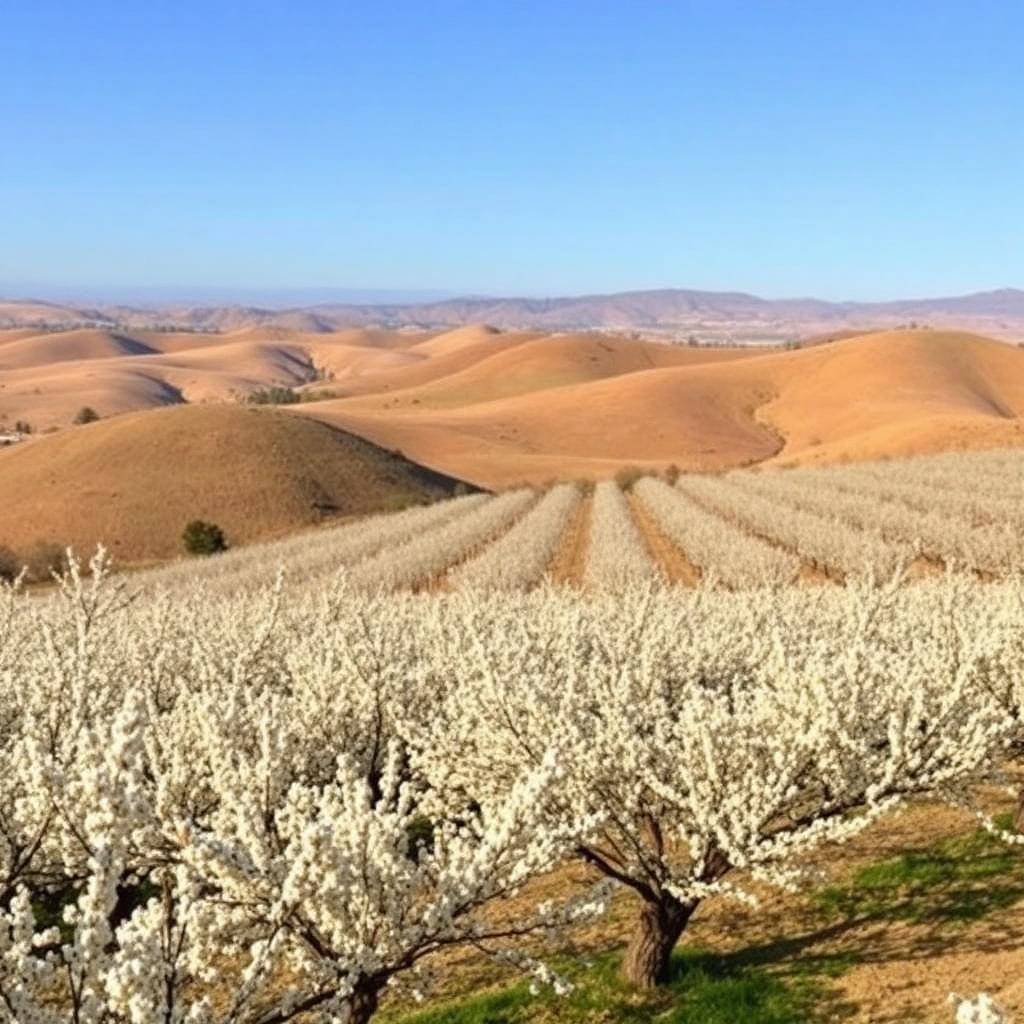 Capay Valley almond orchards and golden hills