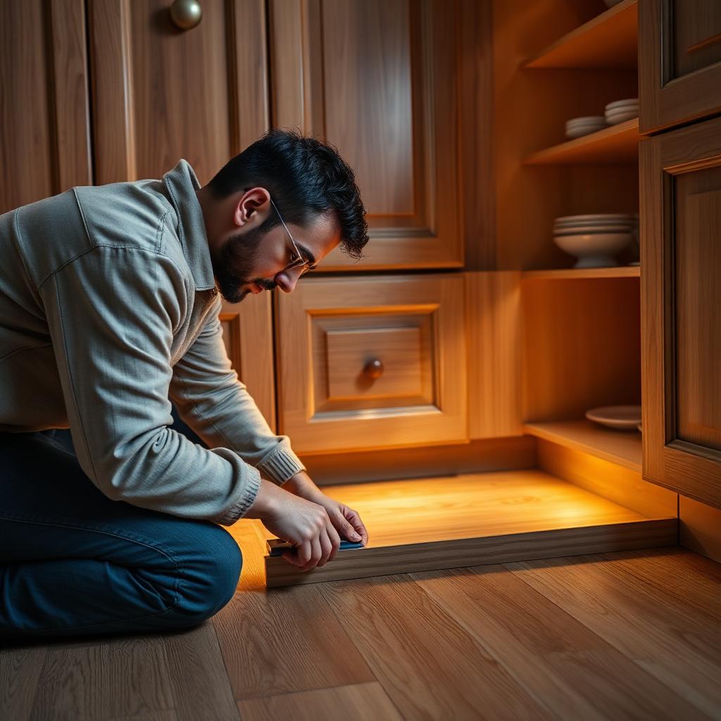 Installing flooring around kitchen cabinets