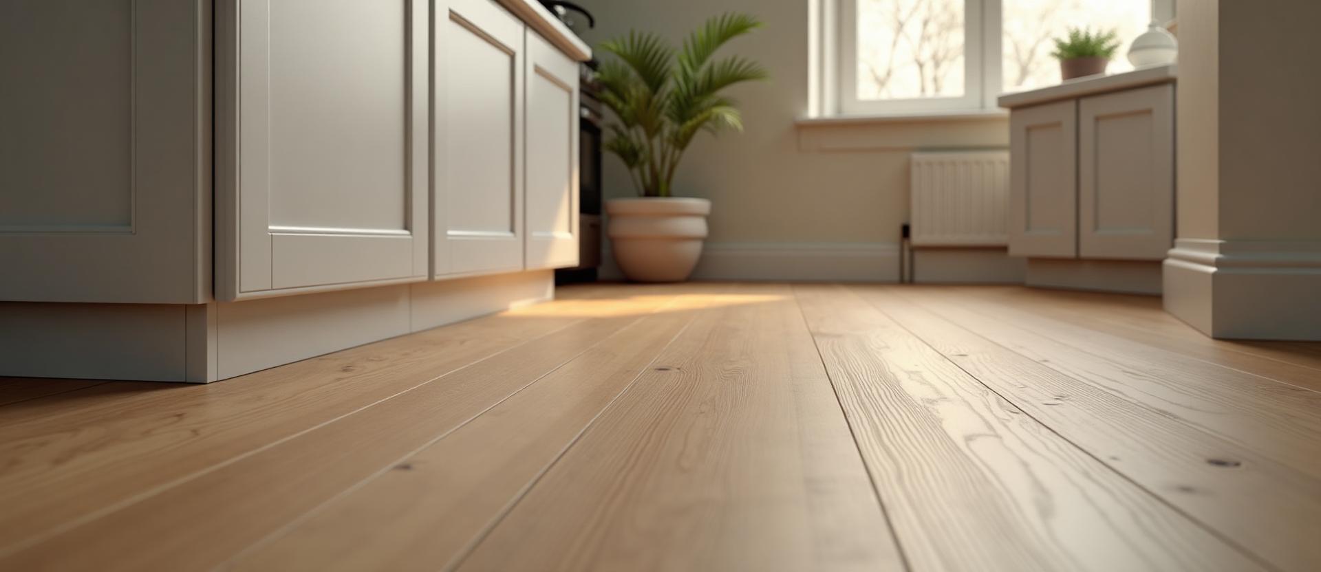 Kitchen flooring detail near cabinets and island