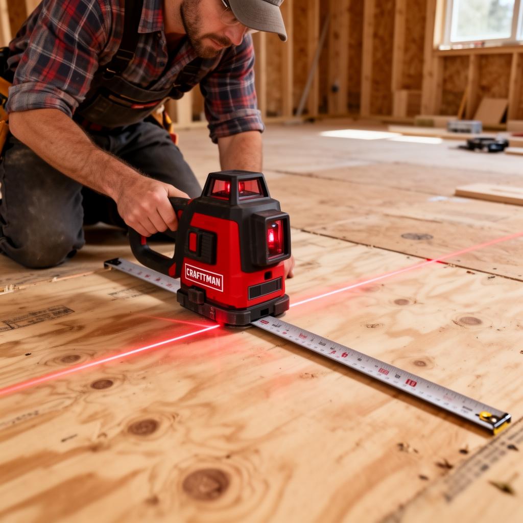 Craftsman using level tool on subfloor