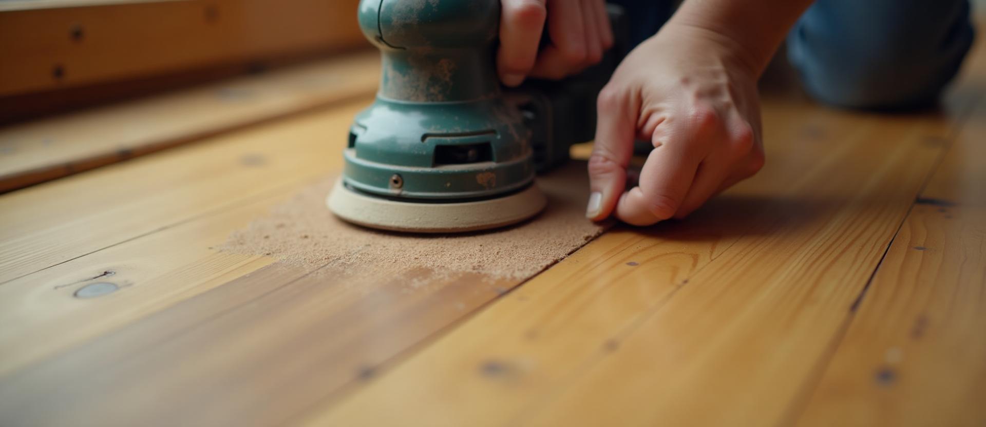 Close-up of wood floor repair and sanding work