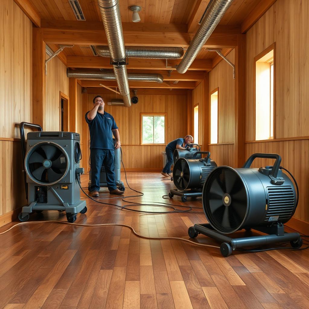 Professional team drying water-damaged floor