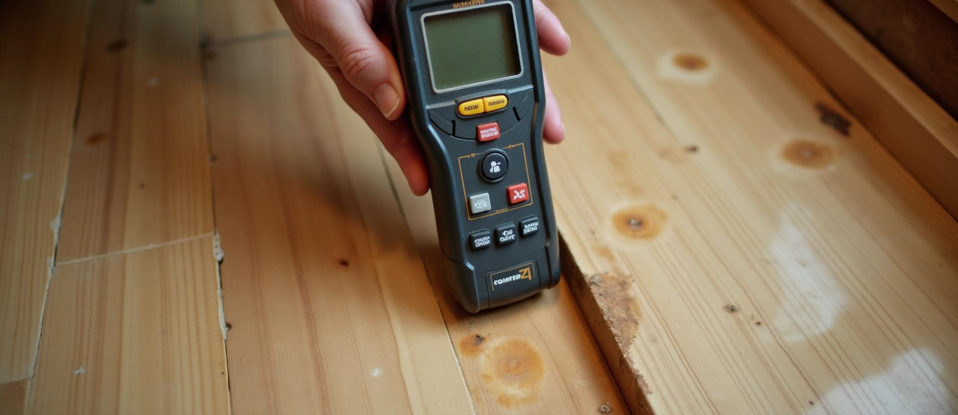 Moisture meter testing water-damaged subfloor